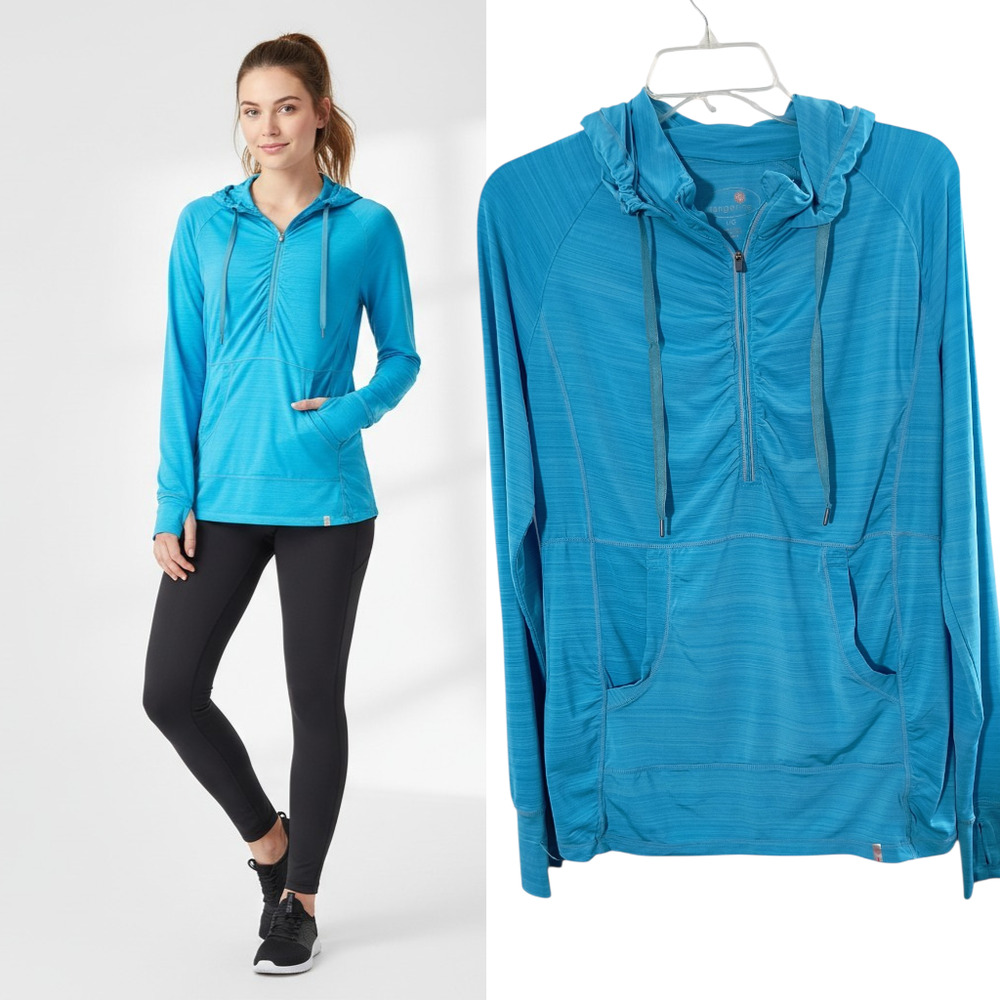 Tangerine Athletic Hoodie Women's Sz L Blue Drawstring 1/4 Zip Ruched Pullover